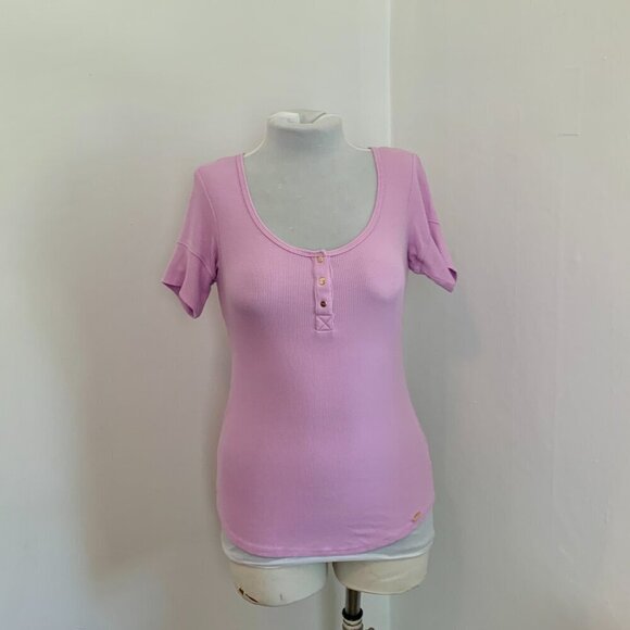 VTG 90s 2000 BEBE Lavender Ribbed Basic Short Sleeve Henley Top Button Purple S - Picture 3 of 12